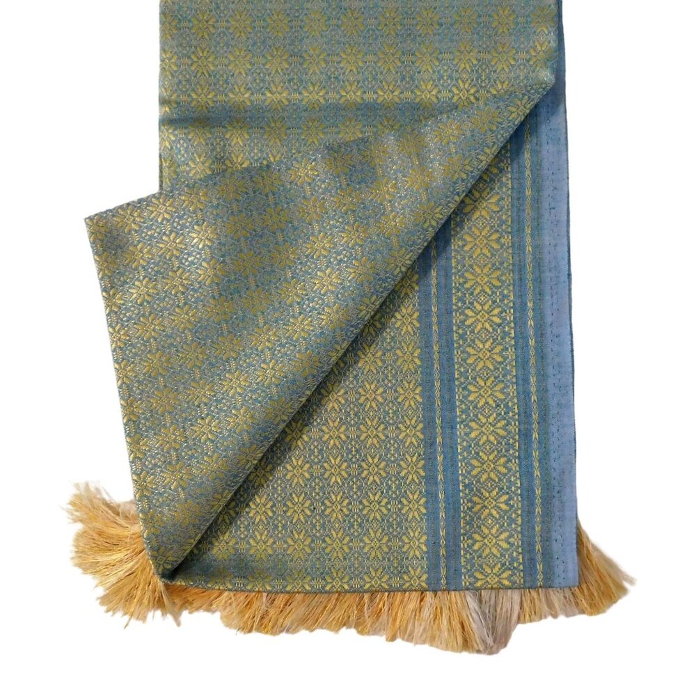 Asian Tablecloth Blue Gold Floral Design Embroidered Fringe 61" x 31"